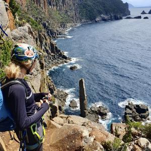Climbing ‘the Moai’ at the Tasman Peninsula Climbing ‘the Moai’ at the Tasman Peninsula