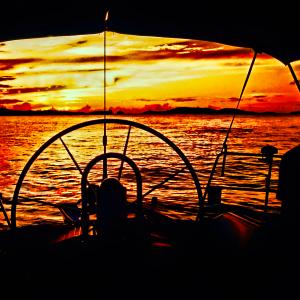 Sailing in the islands at sunset