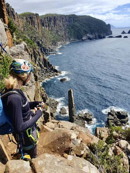 Climbing ‘the Moai’ at the Tasman Peninsula