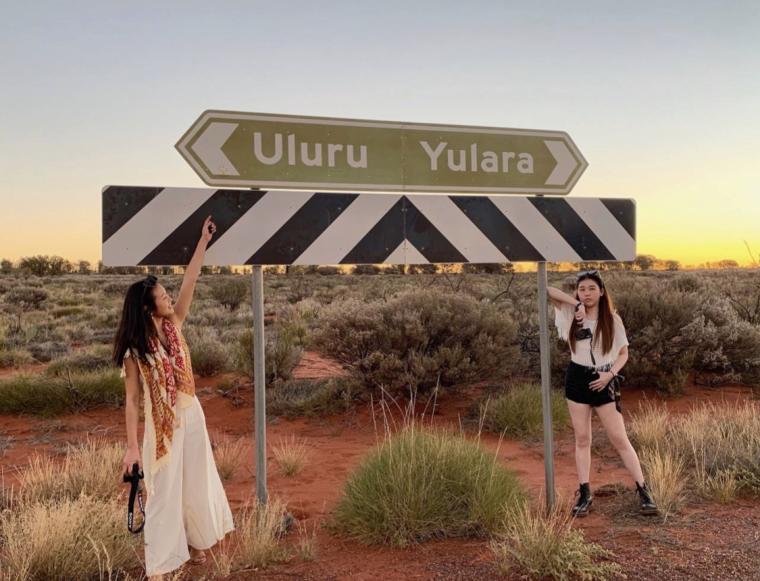 Uluru on the left, Yulara on the right 